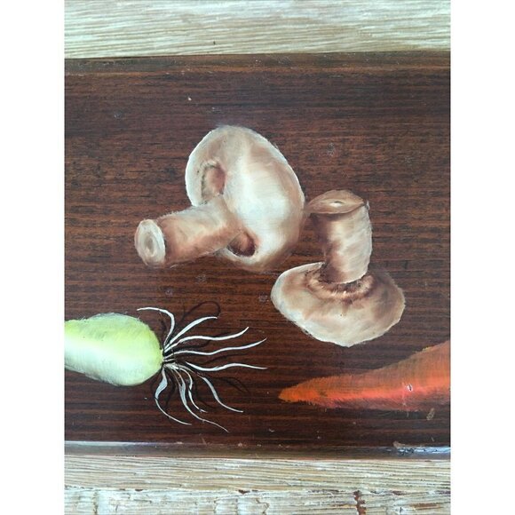 Primitive Wood Plaque Rustic Kitchen Hand Painted Carrot Mushroom Onion Signed - Picture 2 of 8
